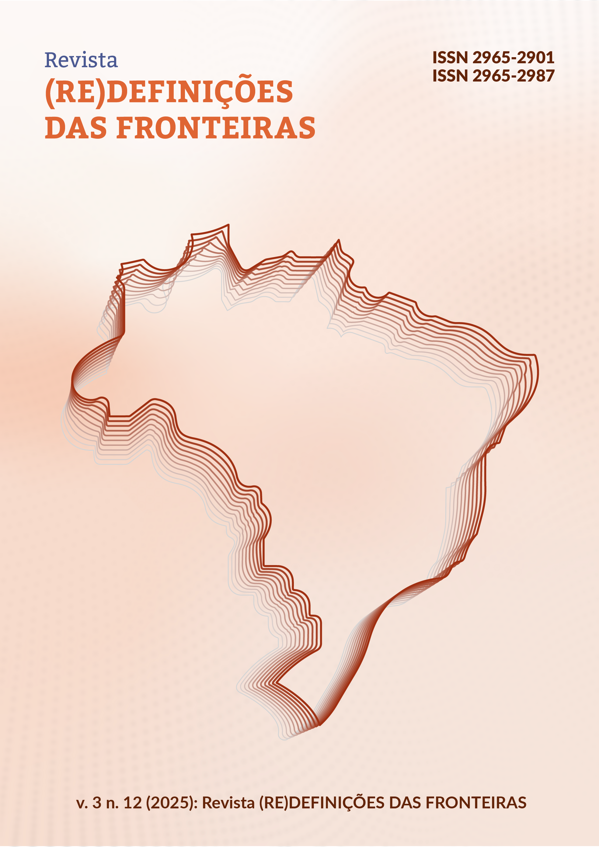 Desenho da capa com mapa das fronteiras brasileiras sobre um fundo laranja. Inclui o título da revista, o ISNN físico e digital e dados da edição atual.